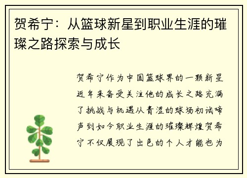 贺希宁：从篮球新星到职业生涯的璀璨之路探索与成长